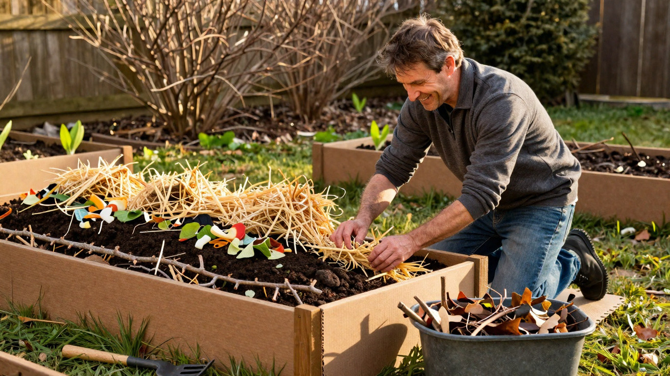 Man kneeling in garden tending to raised bed with soil, mulch, and young plants on a sunny day.