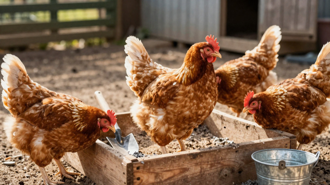Four brown hens pecking at feed in a wooden trough inside a farmyard enclosure.