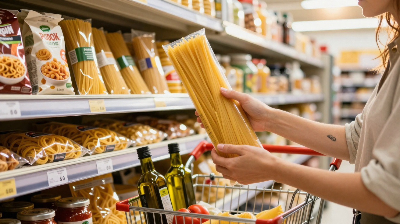 Person holding a packet of spaghetti pasta in a supermarket aisle with a shopping cart containing olive oil and tomatoes.