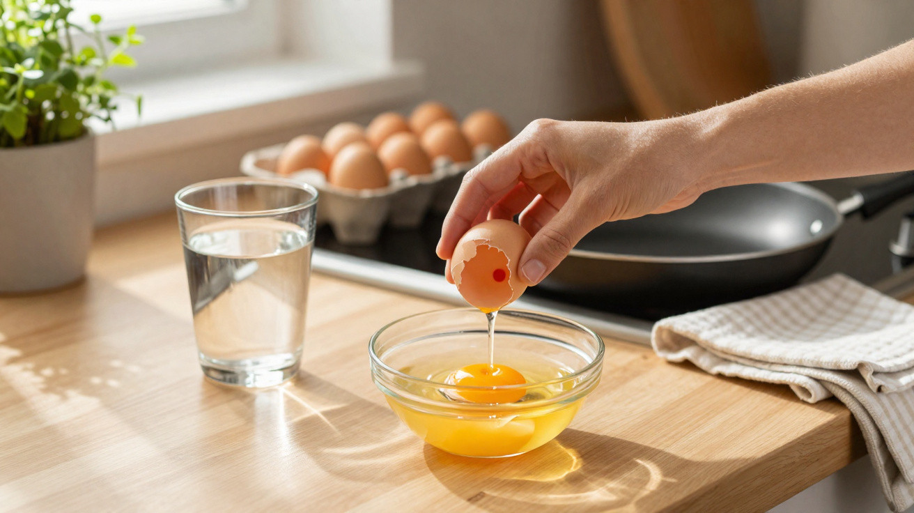 Hand cracking an egg into a glass bowl on a wooden kitchen counter with eggs, a glass of water, and a frying pan nearby.