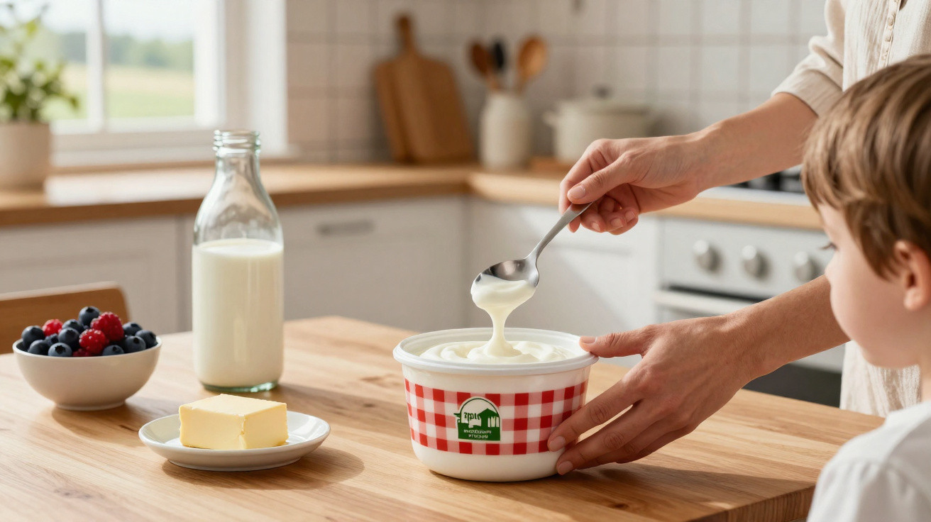 Person scooping yogurt from a tub on a kitchen table with milk, butter, and berries nearby.