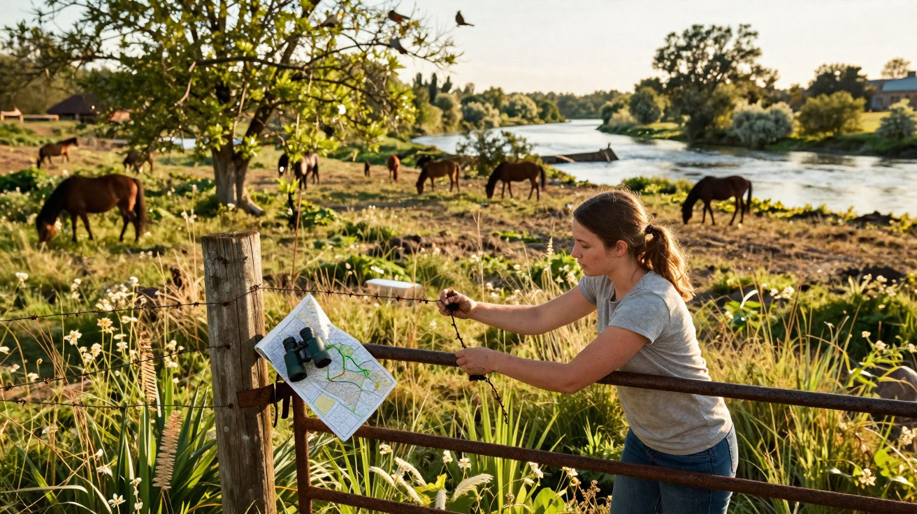 Woman unlocking a gate near a river with horses grazing in the background on a sunny day.