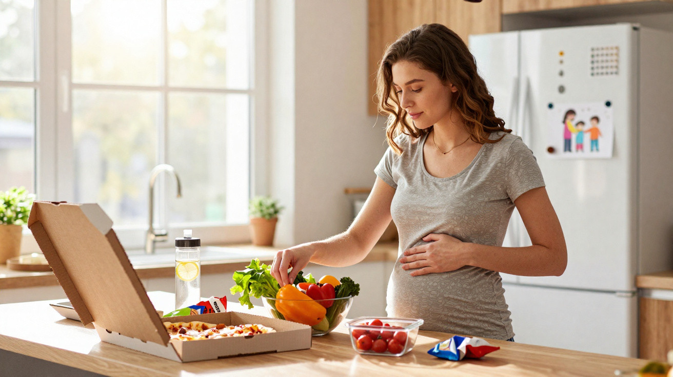 Pregnant woman standing in kitchen choosing vegetables from a bowl beside an open pizza box.