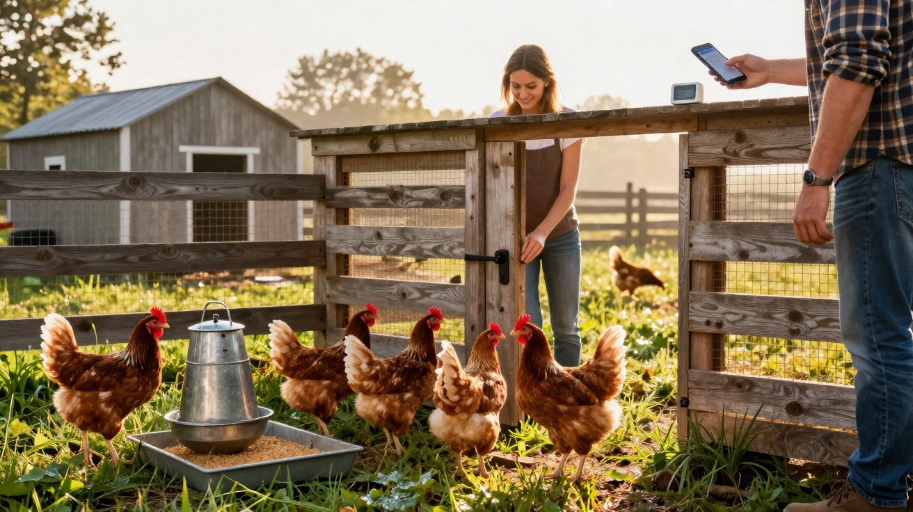 People opening a wooden gate to a chicken coop with several brown hens and a feeder in the grass.