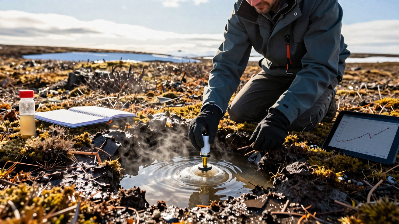 Scientist in outdoor gear testing water temperature in a marsh with instruments, notebook, and tablet nearby.