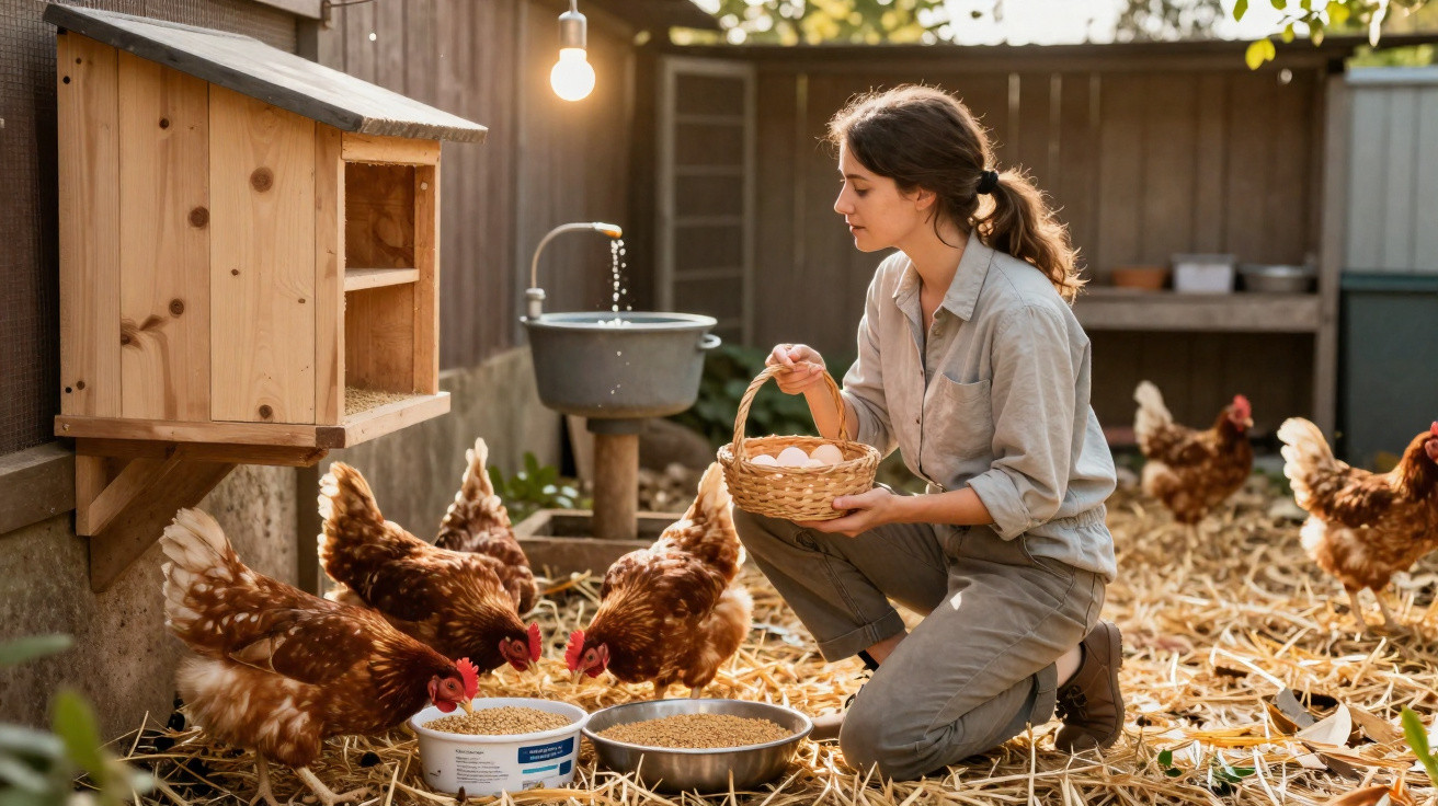 Woman feeding chickens and collecting eggs in a rustic chicken coop with straw-covered ground.
