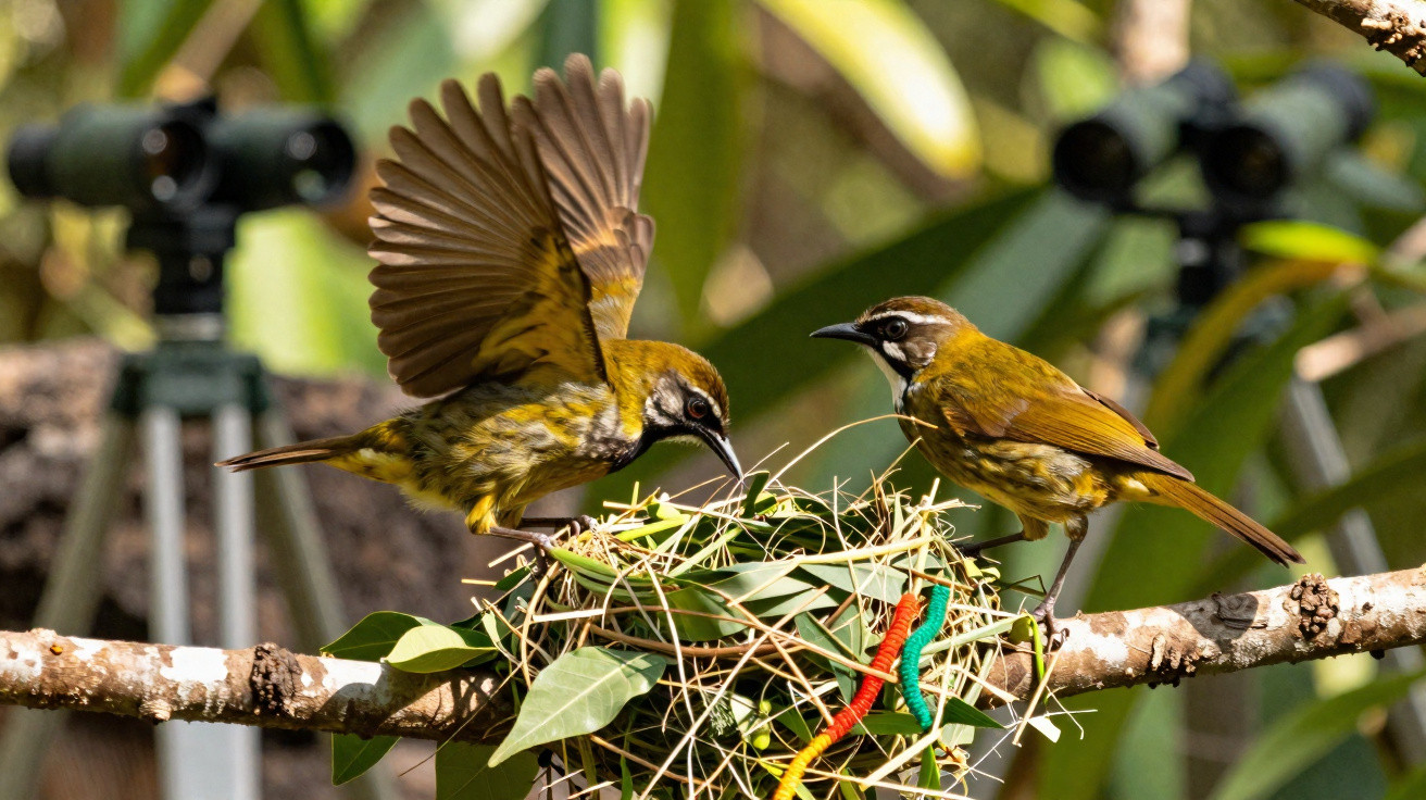 Two yellow-brown birds building a nest on a tree branch with colourful strings in a natural setting.