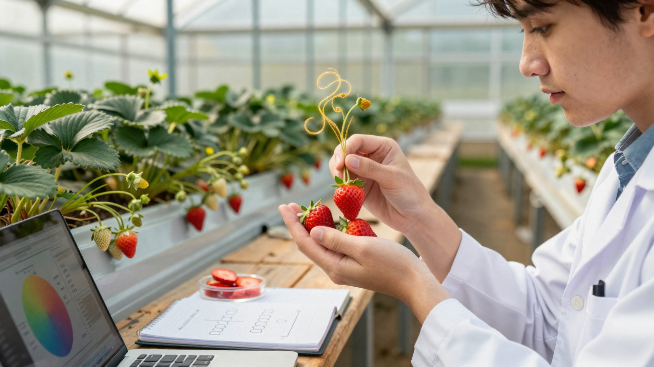 Scientist in lab coat examining strawberries inside a greenhouse with laptop and notes nearby.