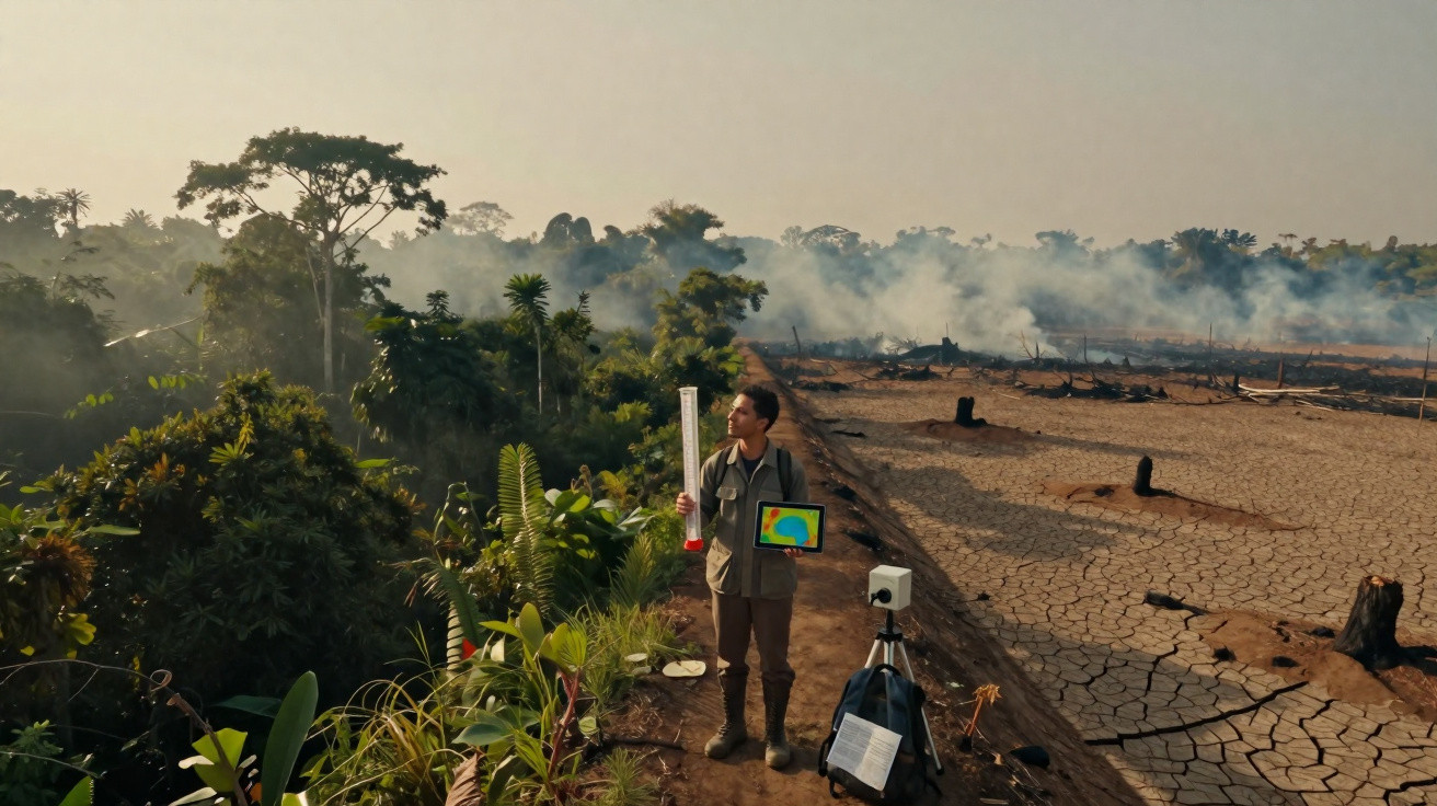 Scientist standing between lush forest and burnt, cracked land holding equipment to study deforestation and environmental dam