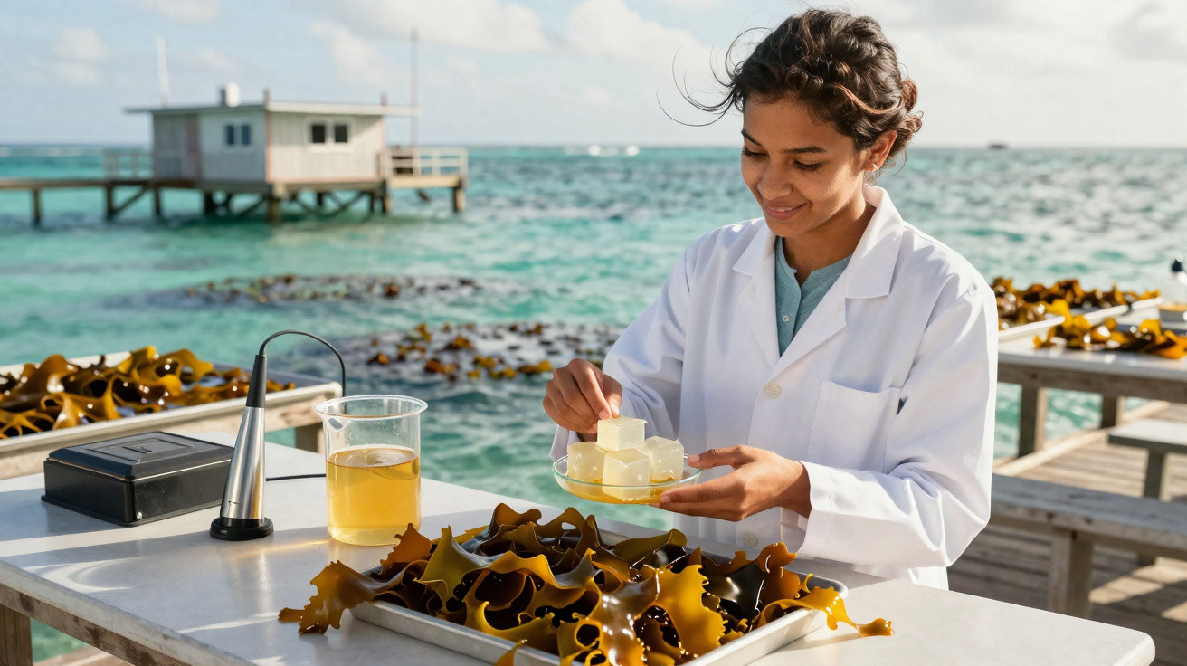 Scientist in a white coat examining seaweed and gel samples on a table by the ocean.