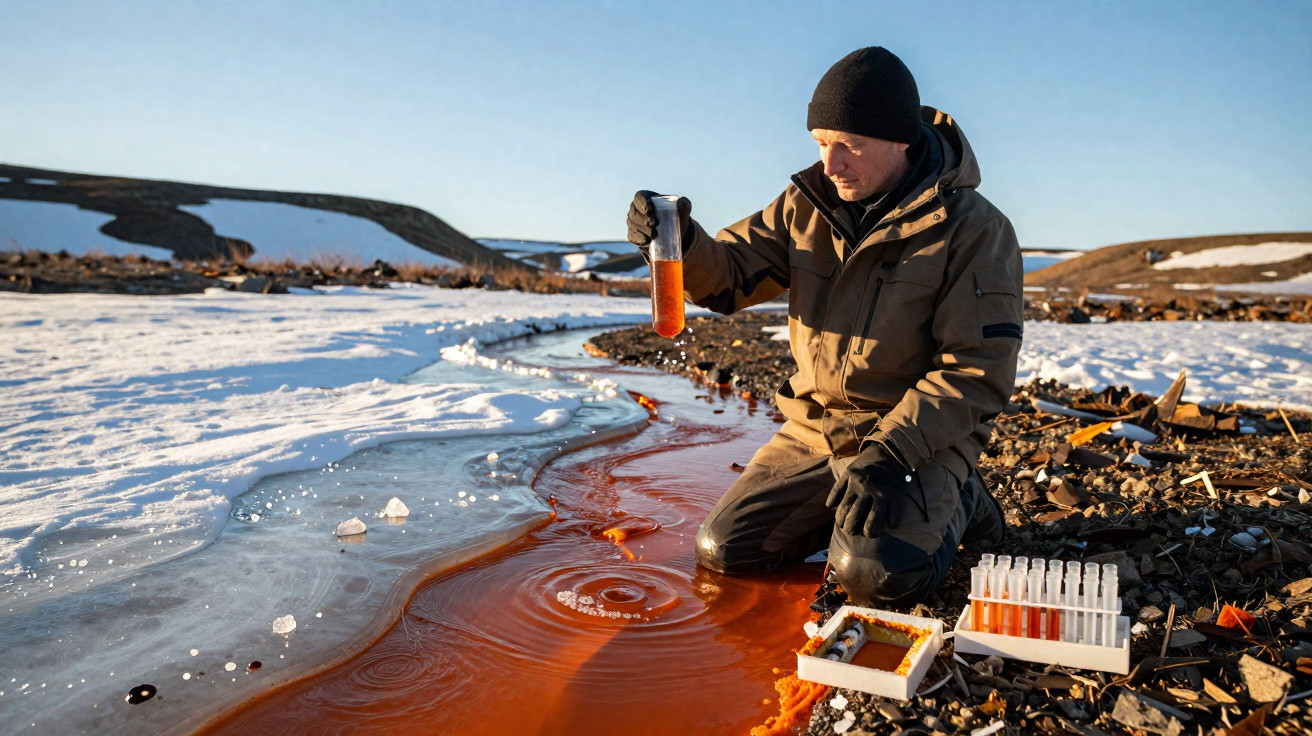 Scientist collecting water samples from an orange-coloured stream in a snowy, rocky Arctic environment.