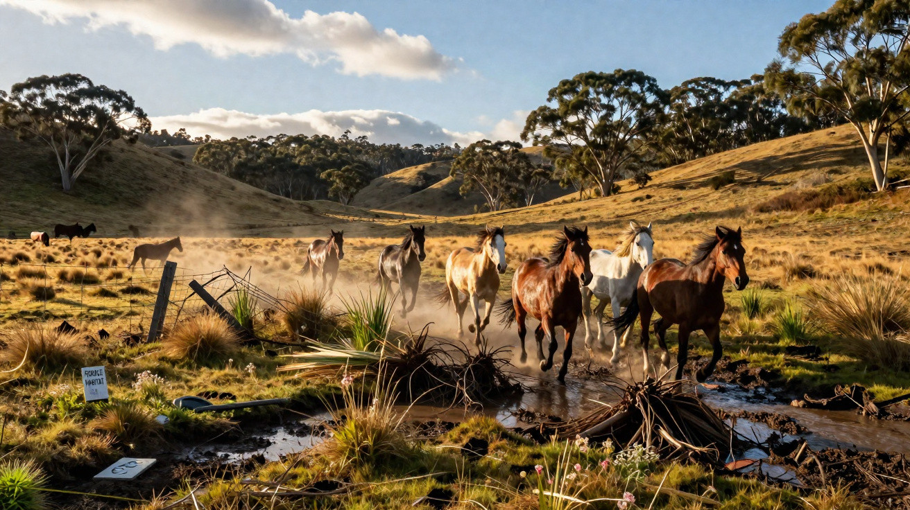 Horses running through a grassy field with hills and trees under a partly cloudy sky at sunset.