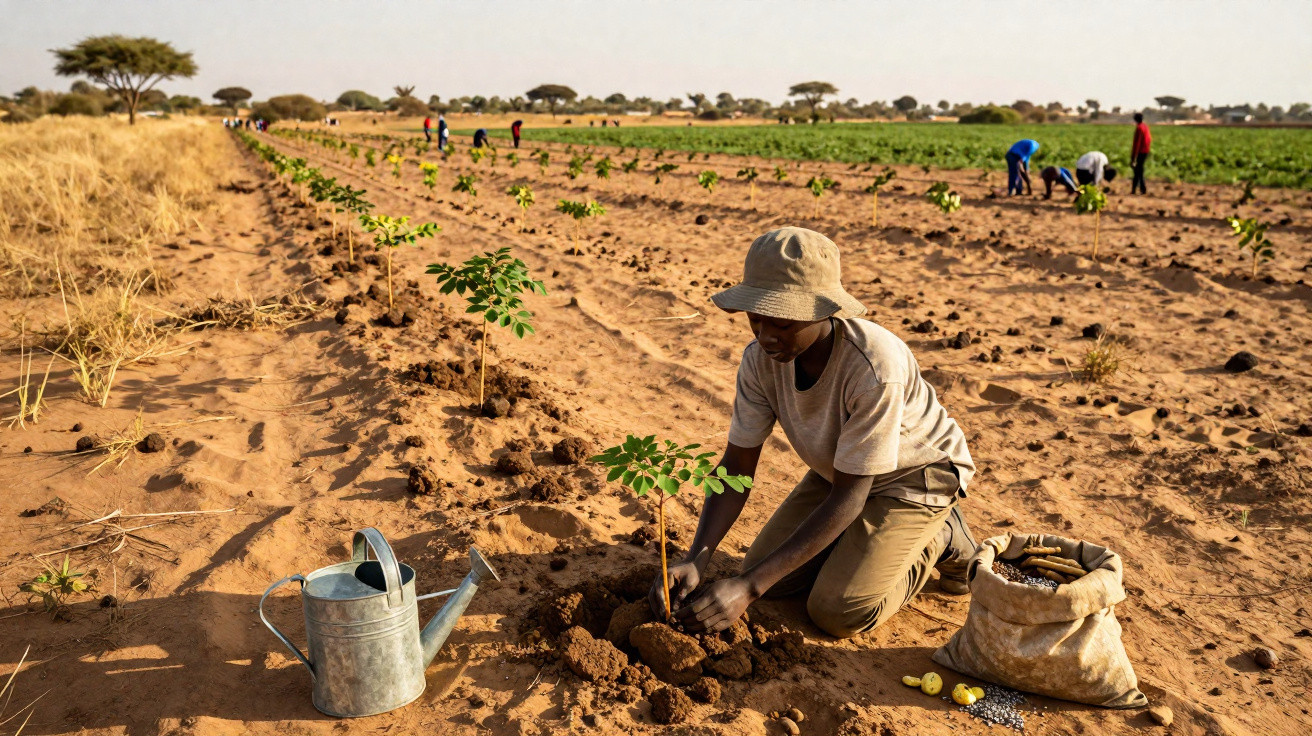 Person planting a young tree in dry soil with a watering can and sack nearby on a sunny day.