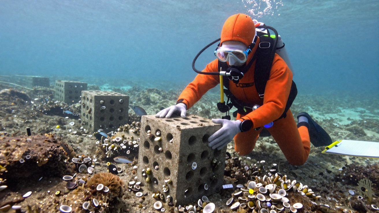Diver in orange suit underwater placing a large perforated concrete block on a coral reef restoration site.