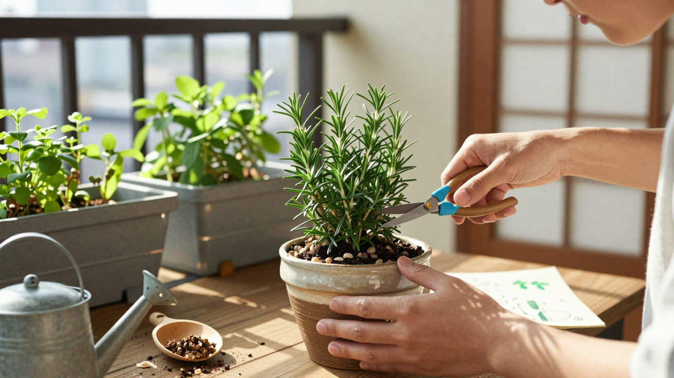 Person trimming a rosemary plant in a pot on a sunlit wooden balcony table.