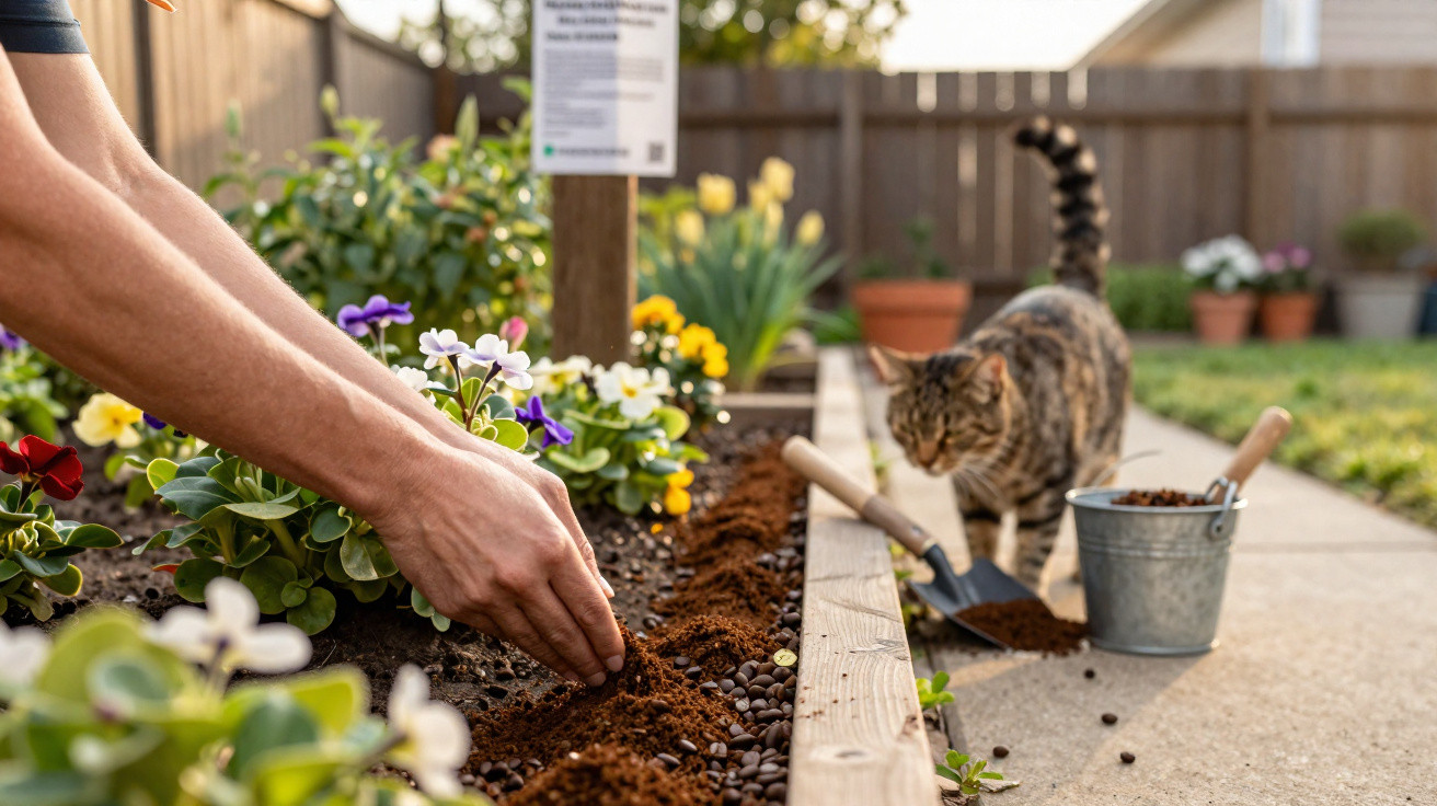 Person planting seeds in a raised garden bed with a cat and gardening tools nearby in a backyard.