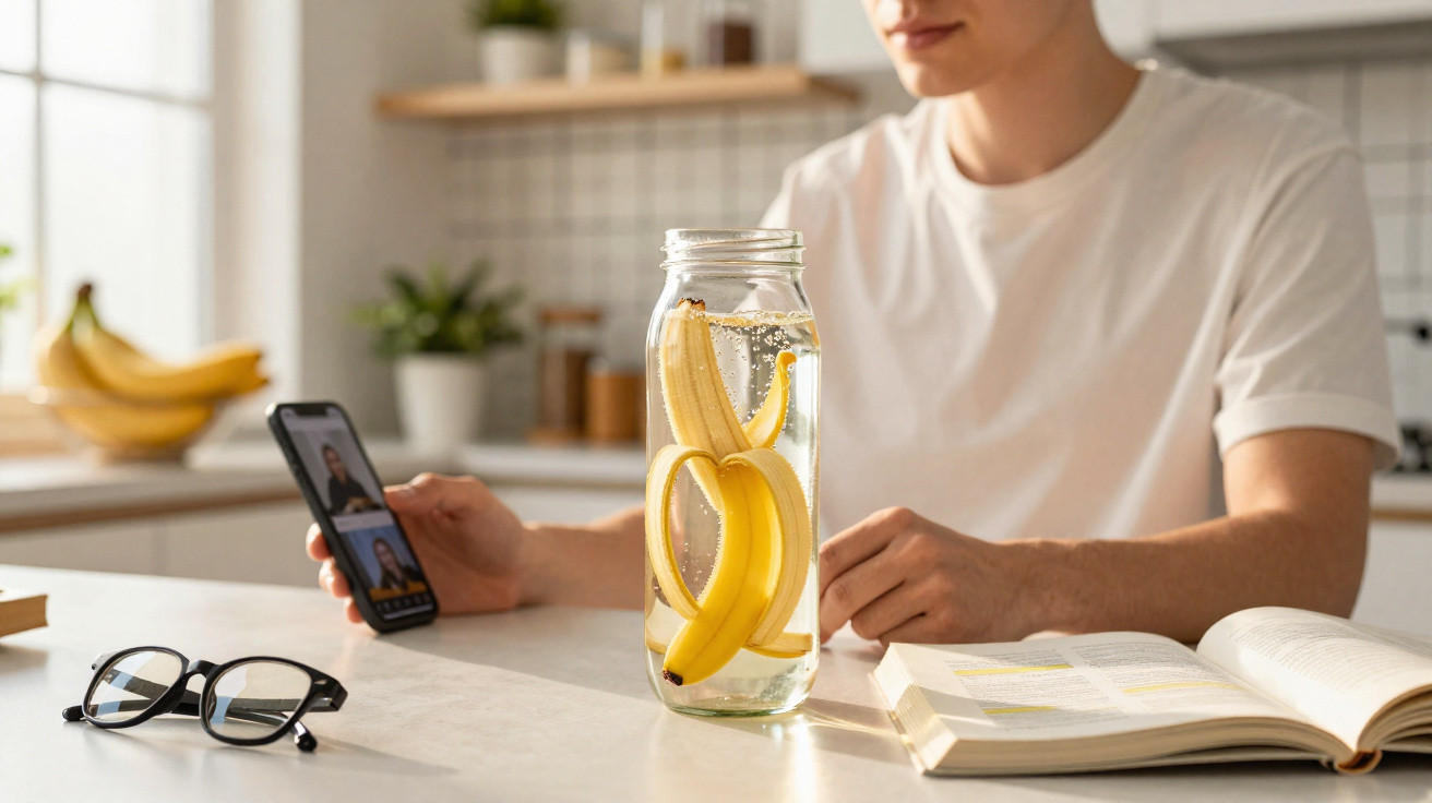 Person sitting at a kitchen table with a peeled banana in a water jar, a book, glasses, and holding a smartphone.