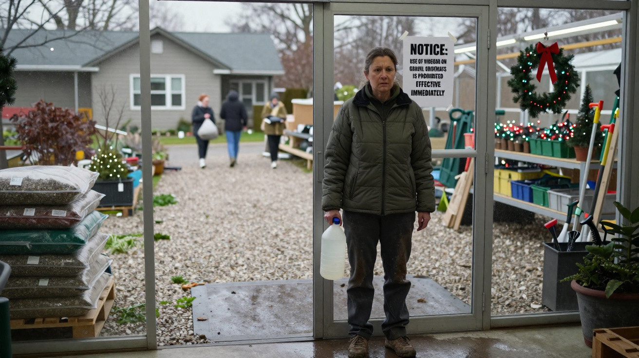 Person in dark green jacket holding a water jug standing at the entrance of a garden centre with Christmas decor.