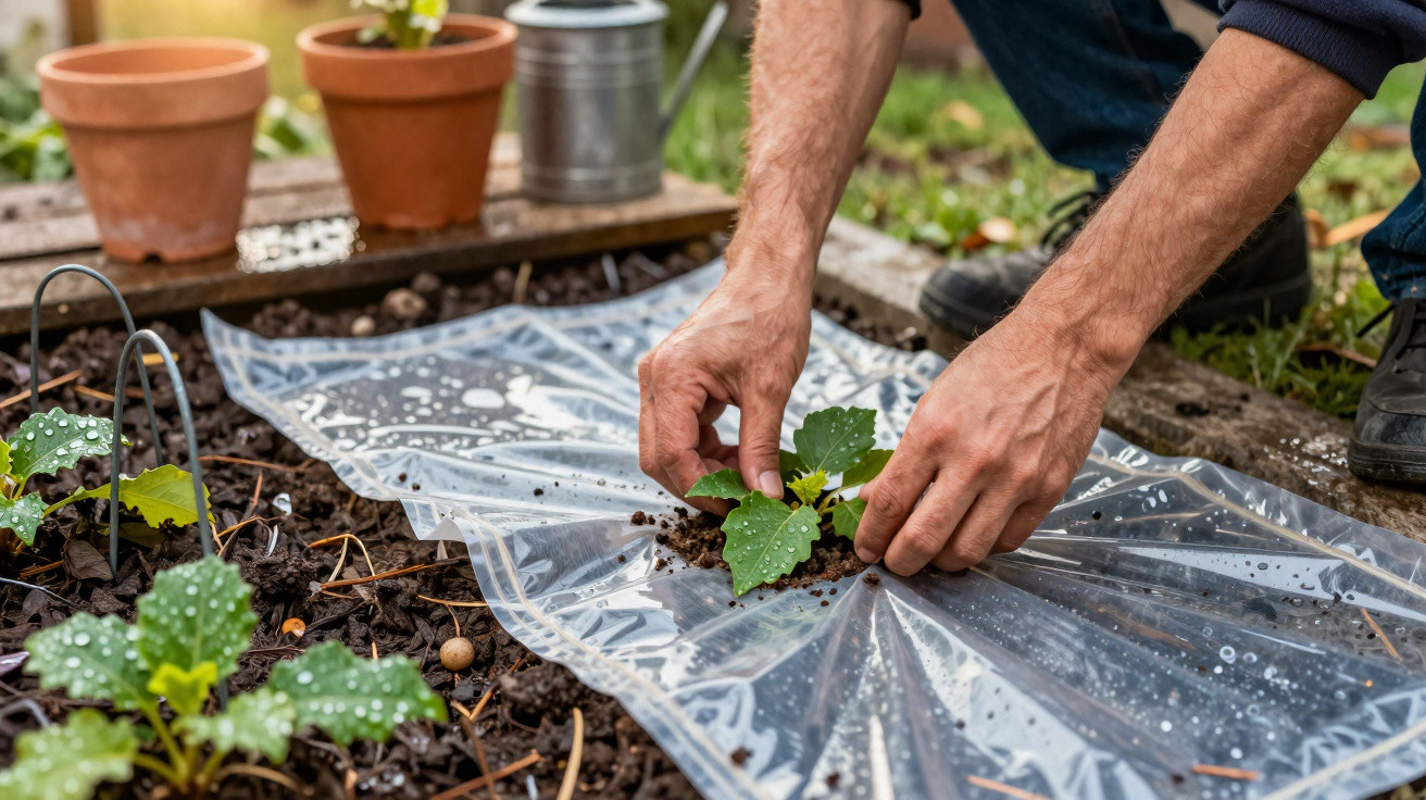 Person planting a seedling in soil covered with a clear plastic sheet in a garden bed.