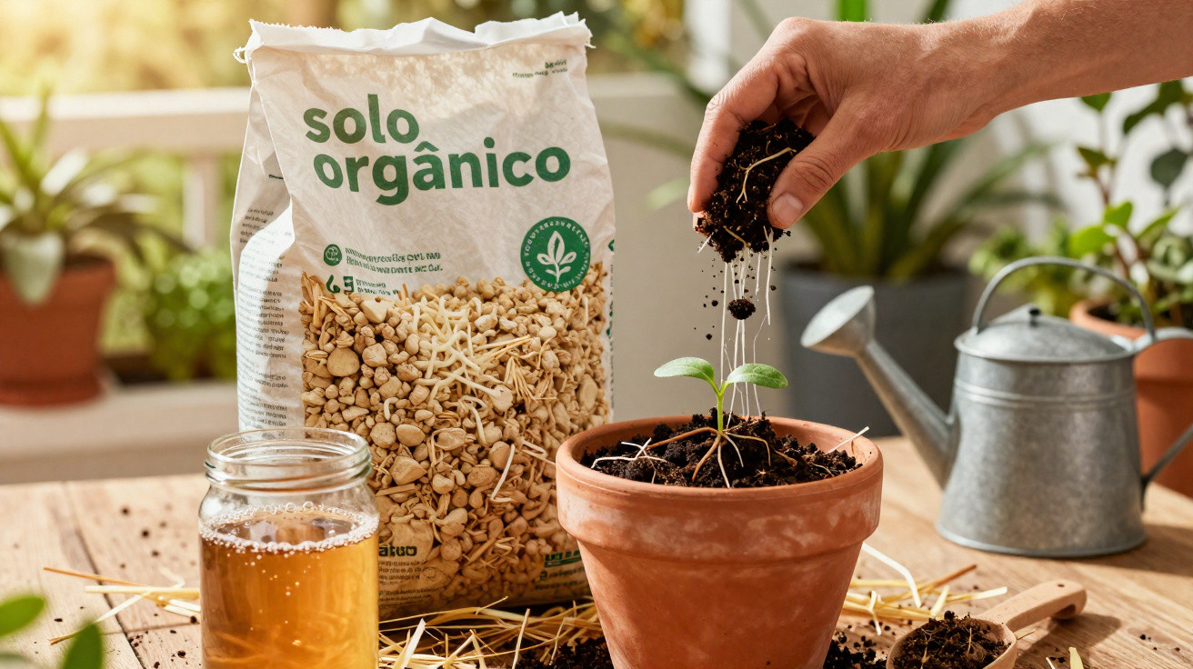 Hand adding soil from a bag of organic soil into a terracotta pot with a small green seedling.