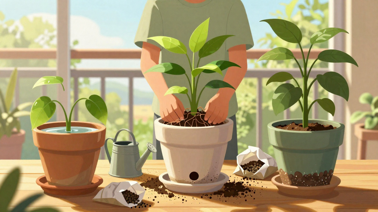 Person repotting a green plant indoors with pots, watering can, and soil on a wooden table by a sunlit window.
