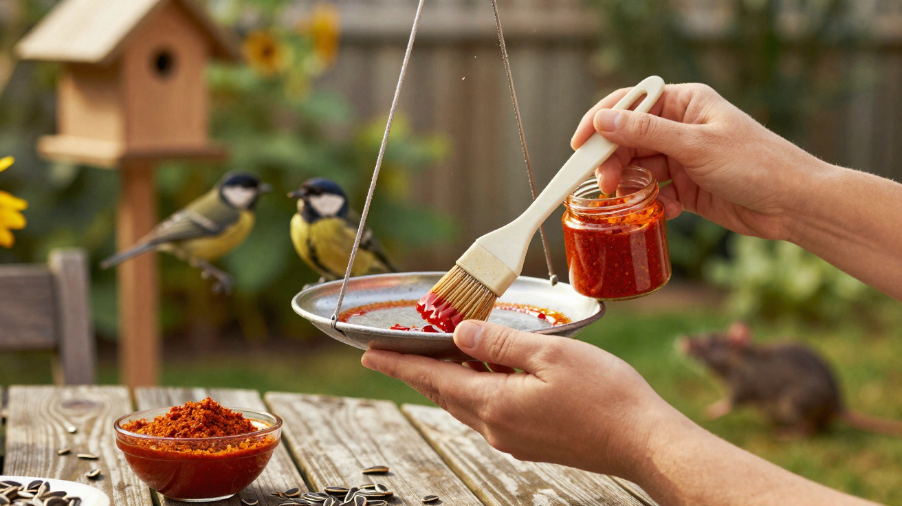 Hands spreading red birdseed paste on a feeder tray with two birds perched nearby in a garden.