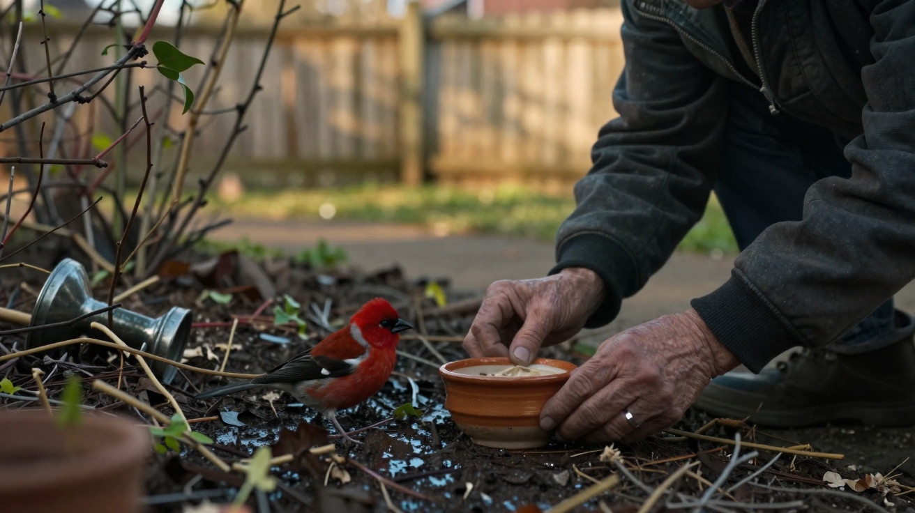 Person placing a small bowl on the ground near a bright red bird among garden debris and twigs.
