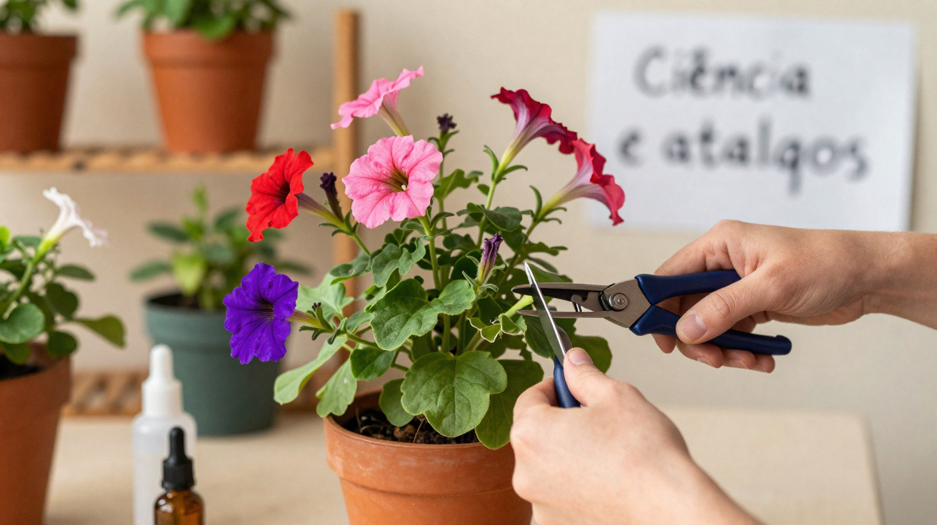 Hands pruning a multicoloured petunia plant in a terracotta pot on a table with other potted plants.