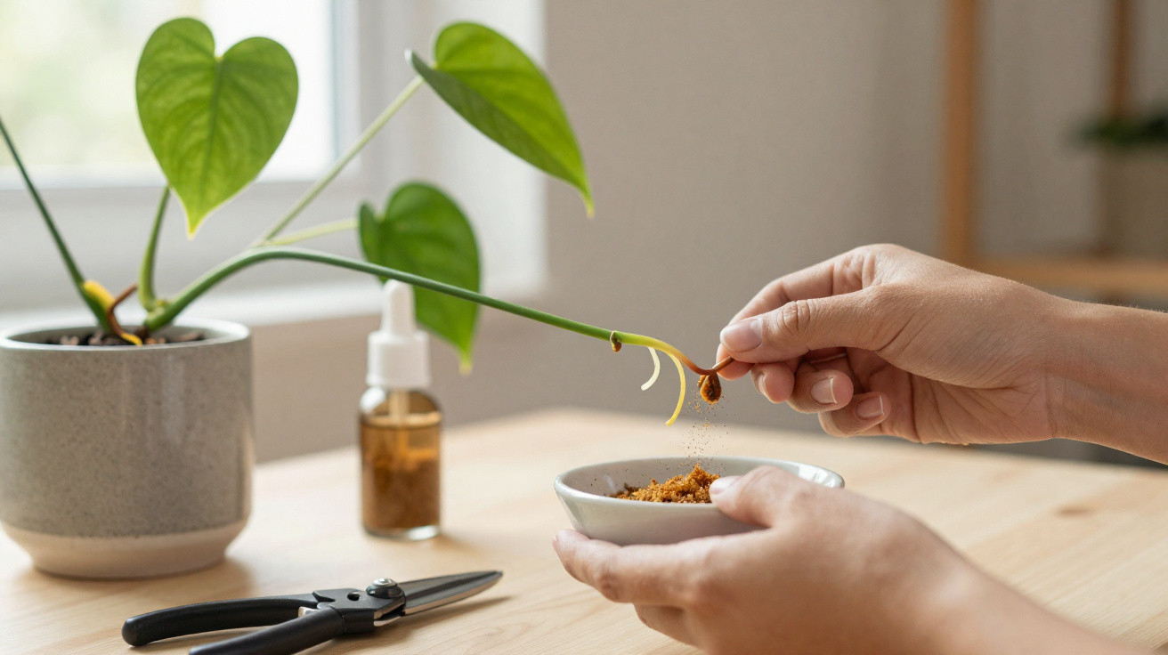 Hands propagating a pothos plant cutting using rooting hormone powder at a wooden table.