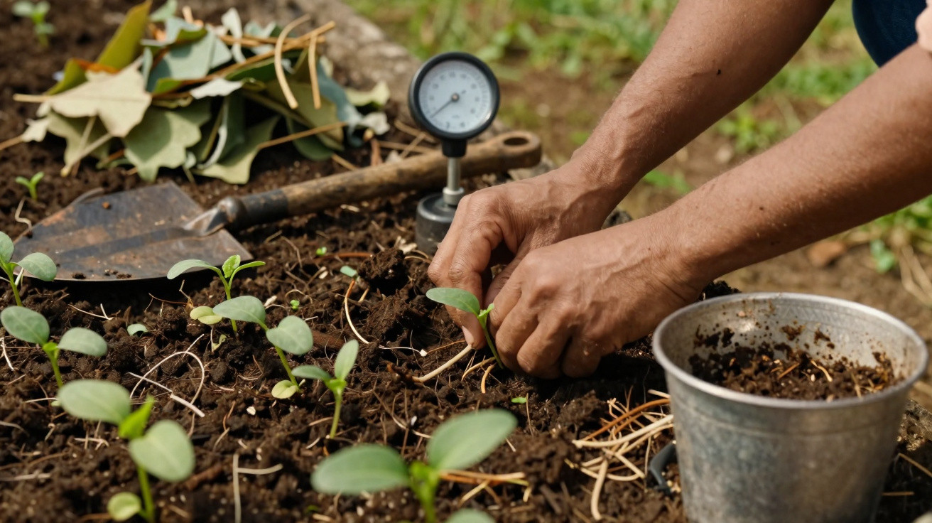 Hands planting a seedling in soil with gardening tools and a moisture gauge nearby in a garden bed.