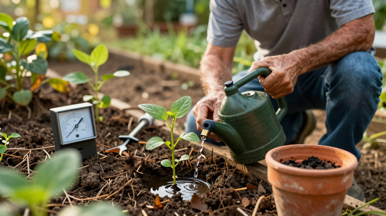 Person watering a small plant in soil with a gardening moisture meter nearby in a garden bed.