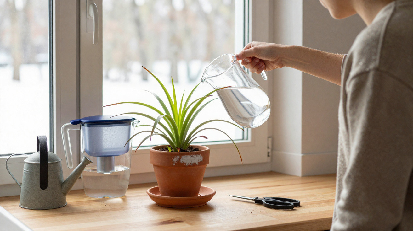 Person watering a potted plant on a wooden windowsill with a glass jug beside a watering can and scissors.