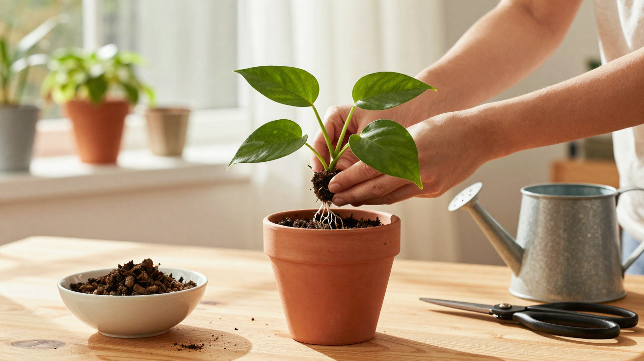 Hands planting a small green plant into a terracotta pot on a wooden table with gardening tools nearby.