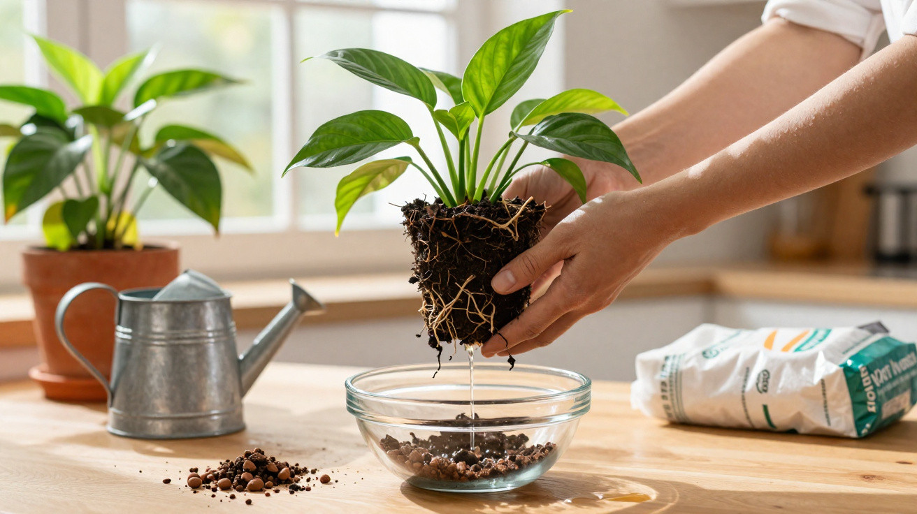 Person holding a green houseplant with exposed roots over a glass bowl in a bright kitchen.