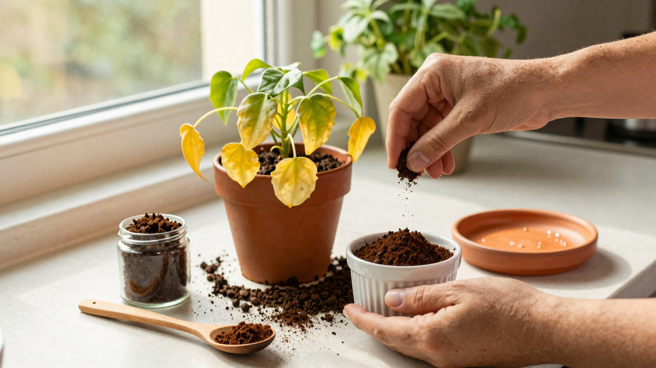 Hands adding soil to a small white pot next to a yellowing potted plant by a window on a kitchen counter.