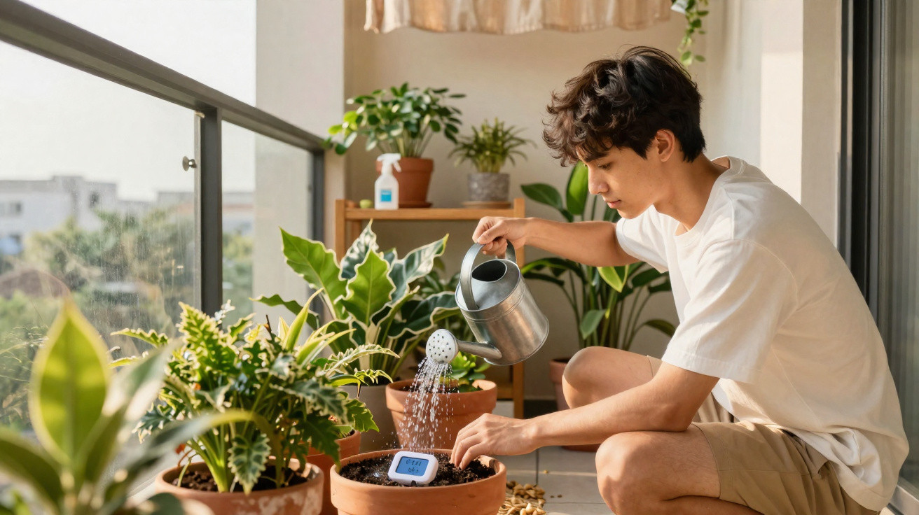 Young man watering potted plants on a sunny balcony with a metal watering can and digital soil moisture meter.
