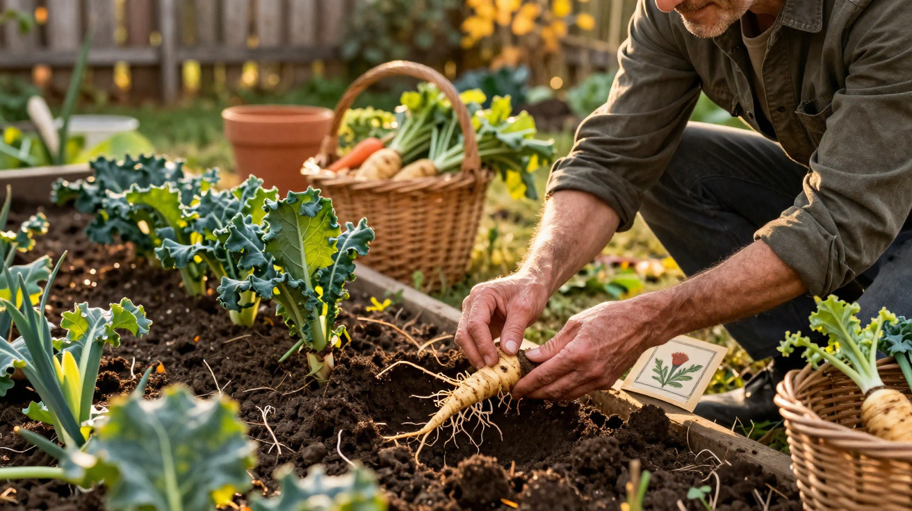 Man harvesting parsnip from vegetable garden bed with wicker baskets and plants in background