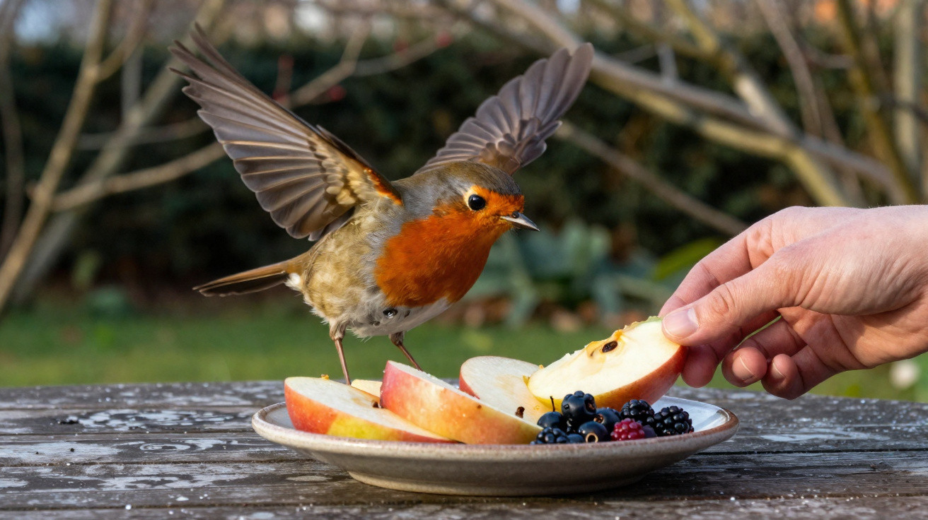 Robin with outstretched wings perched on apple slices and berries on a plate as a hand offers more fruit outdoors.