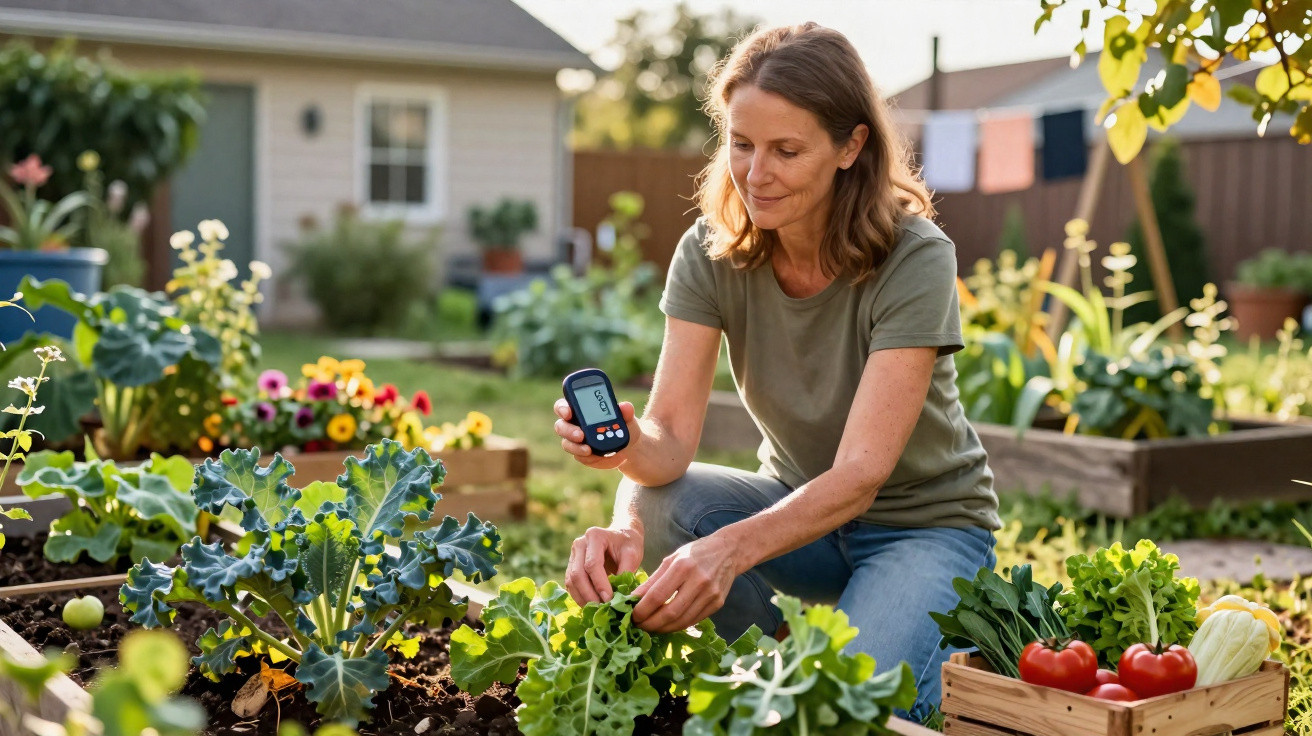 Woman testing soil with a moisture meter in a garden with fresh vegetables and flowers in raised beds.