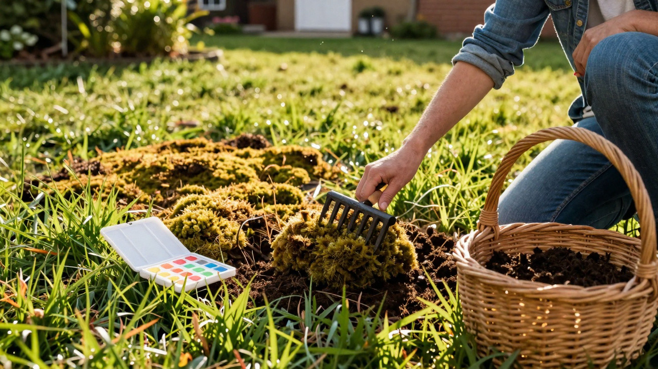 Person in denim clothes collecting moss from soil with a rake in a sunny garden, basket and paint set nearby.
