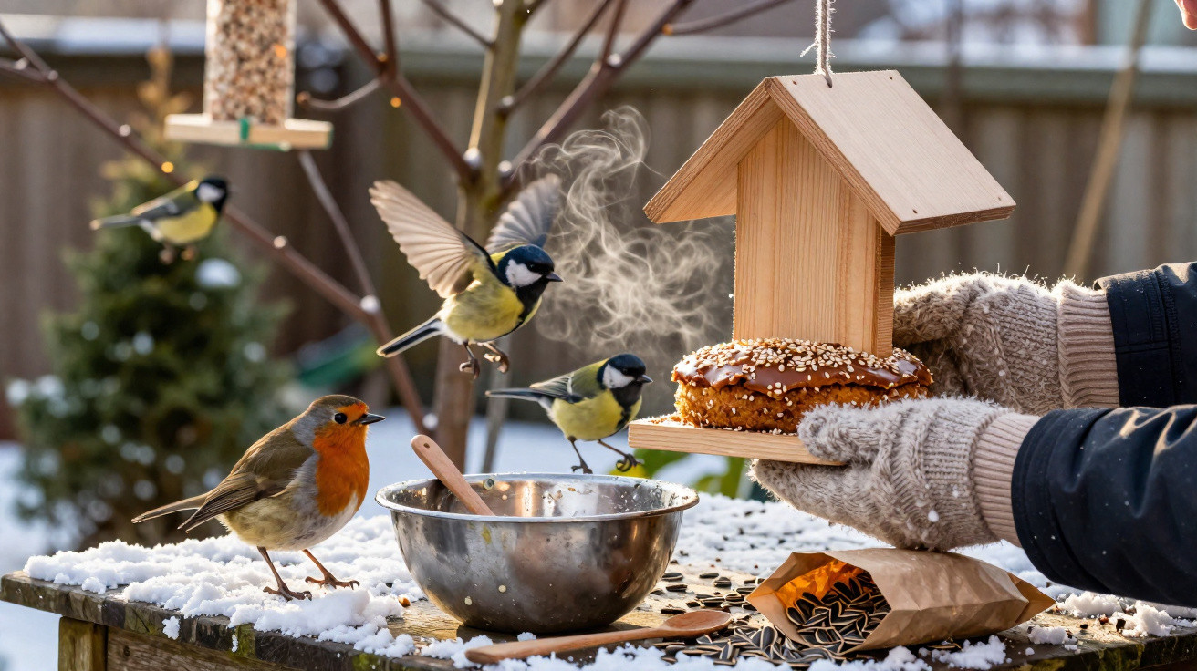 A person in gloves holds a wooden bird feeder with a steaming bagel, surrounded by birds on a snowy table.
