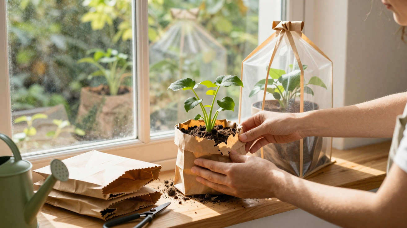 Person potting seedlings in paper bags on a sunny windowsill with gardening tools nearby.