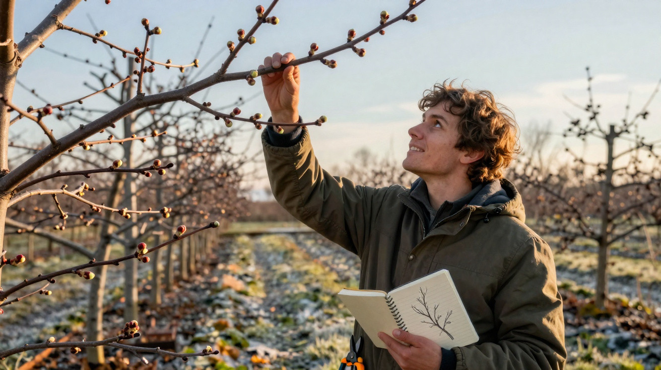Young man examining fruit tree buds in orchard holding notebook with tree sketches on frosty morning