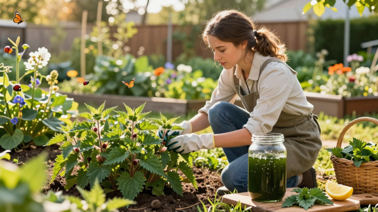 Woman tending to plants in a garden with butterflies, ladybugs, and a jar of green liquid nearby.