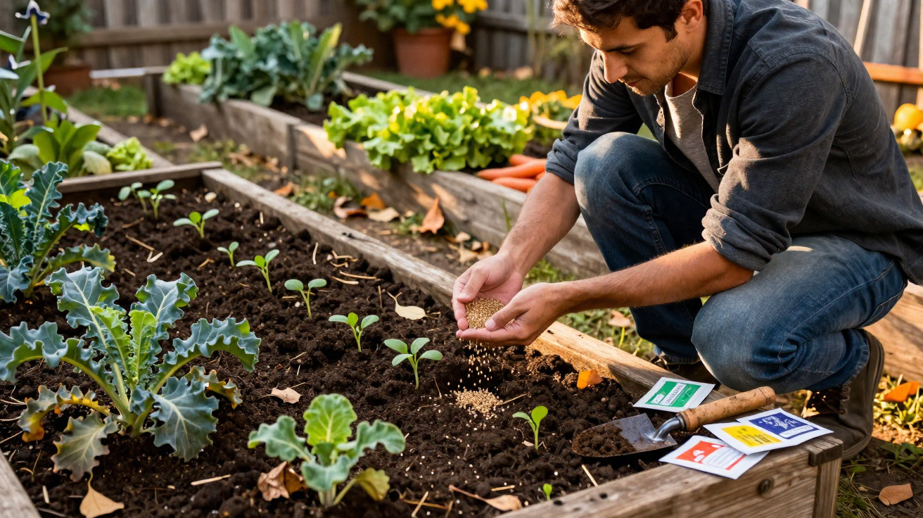 Man sowing seeds in a raised garden bed with young plants and seed packets nearby in a backyard.