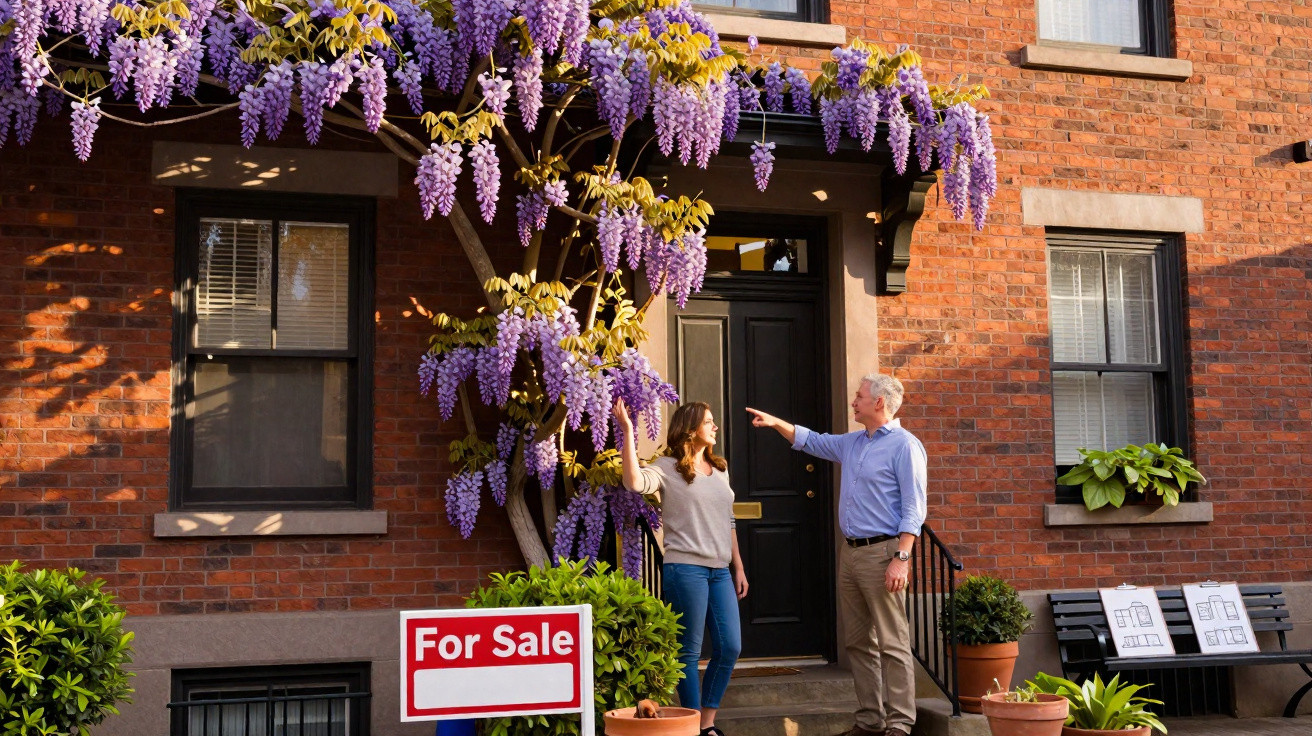 Two people standing outside a brick house with purple wisteria and a red "For Sale" sign in the garden.