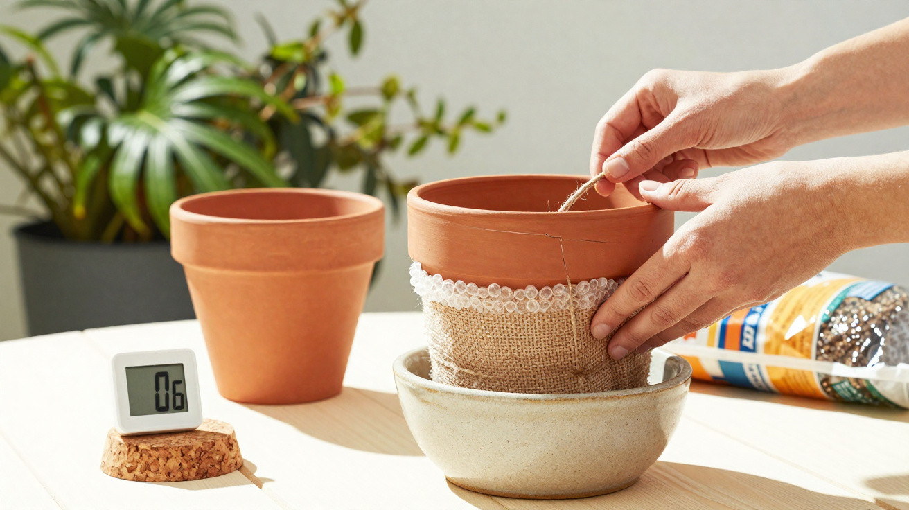 Hands placing a terracotta pot wrapped in burlap into a ceramic saucer on a wooden table with plants nearby.