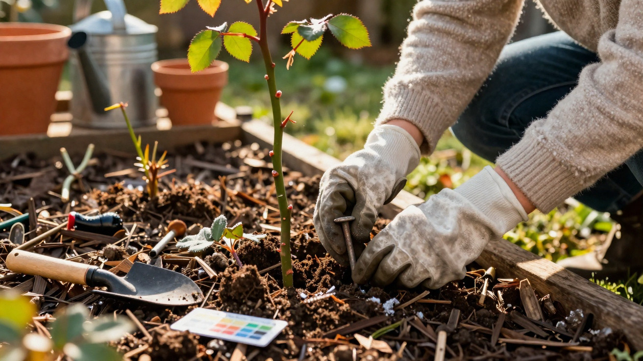 Person wearing gardening gloves planting a young rose bush in a raised garden bed with tools nearby.