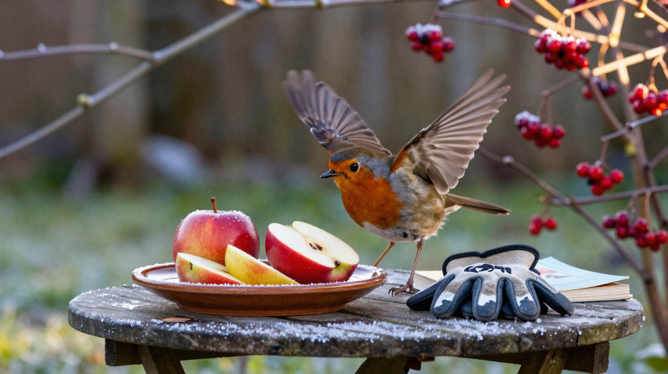 A robin bird with wings spread lands on a wooden table with sliced apples, gloves, and a book outdoors.