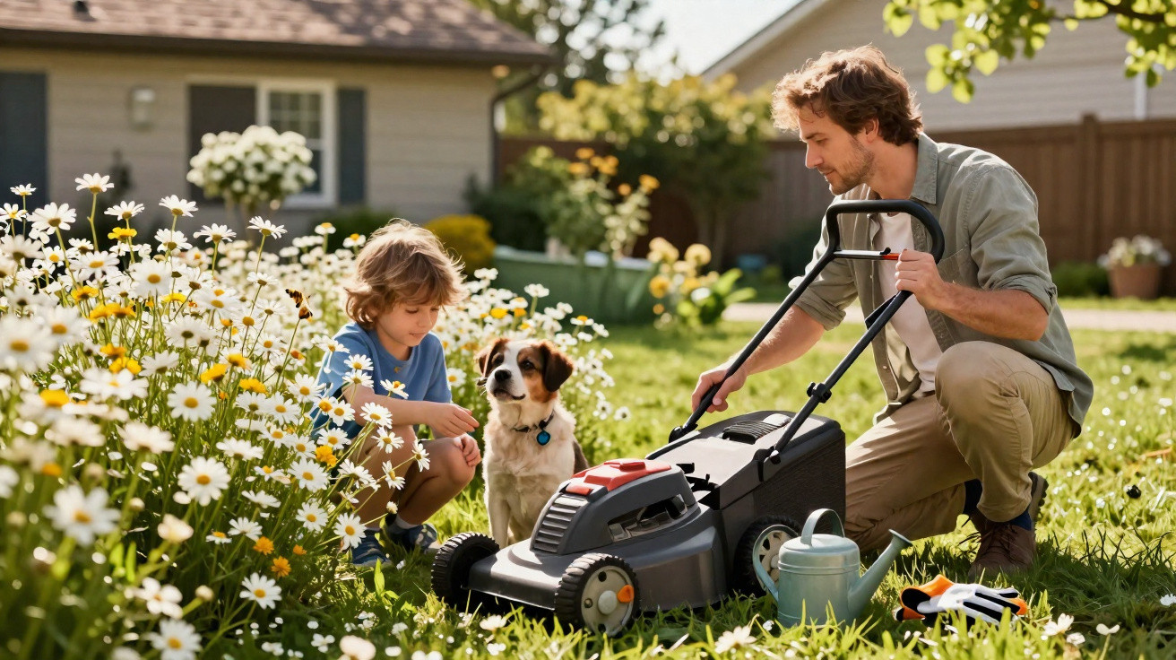 Man and boy with dog in sunny garden beside lawn mower and watering can near daisies.
